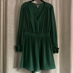 H&M Green Ruched Mini Dress with Bishop Sleeves